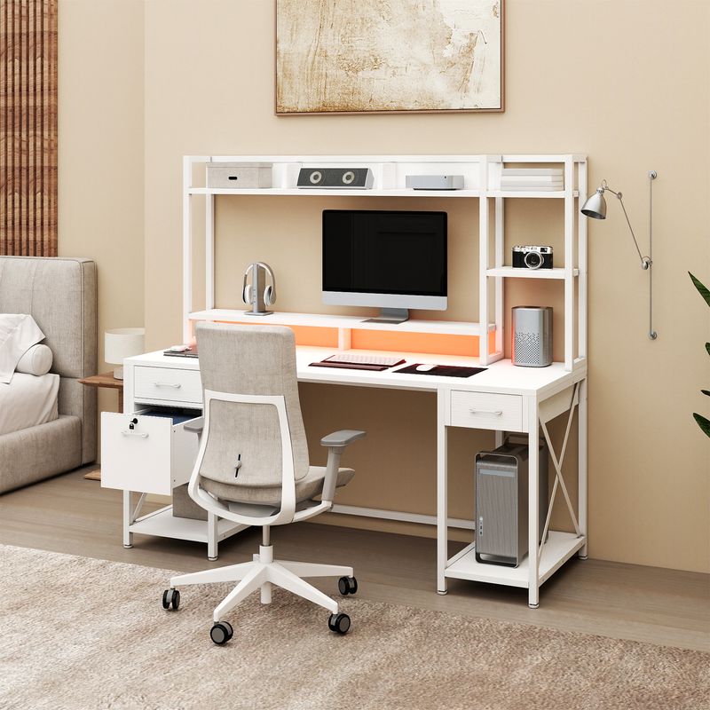 59" LED Computer Desk with Lockable Drawers & Monitor Stand